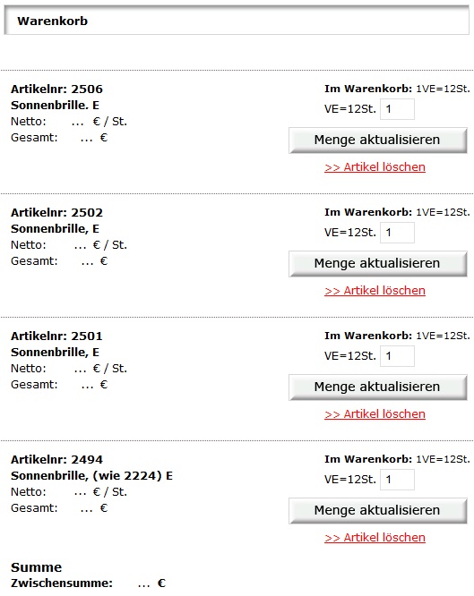 Artikelansicht im Warenkorb