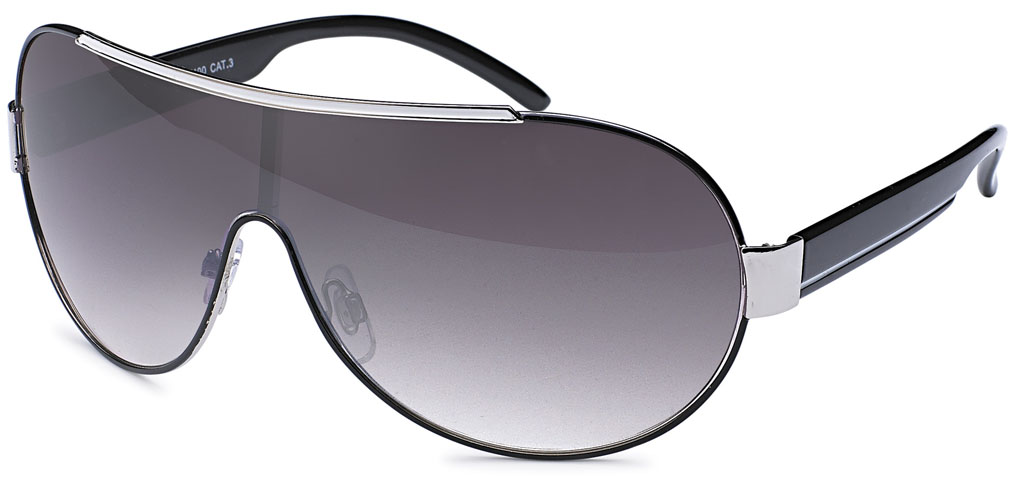 Sonnenbrille Monoscheibe mit Kontrastlinie und schwarzen Bügeln, 3 versch. Farben