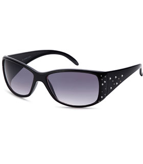 Glänzende Sonnenbrille für Damen mit Straßsteinen seitlich und im Bügel, in schwarz oder braun